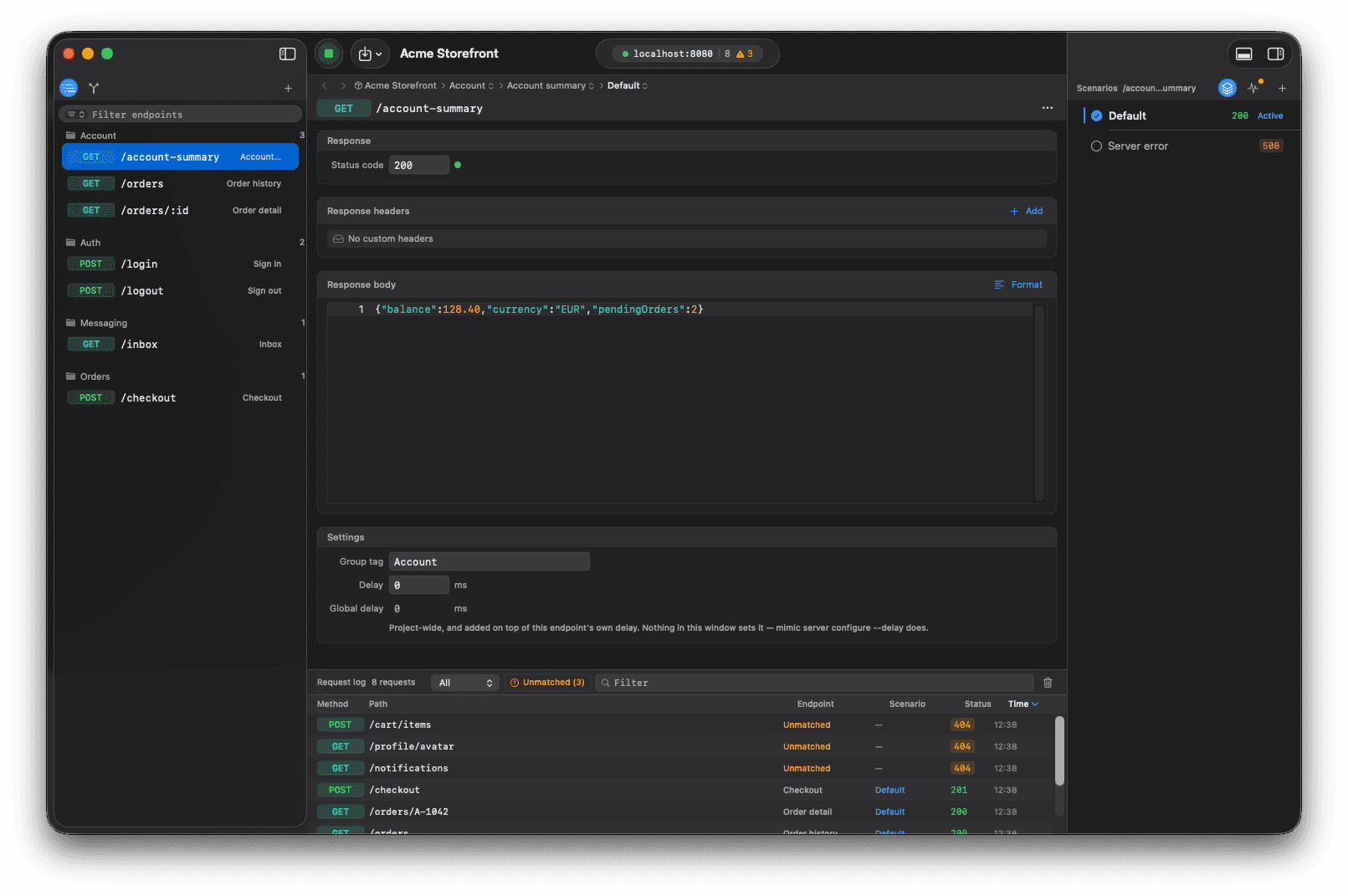 Mimic's workspace: endpoints grouped by tag in the sidebar, a response editor in the centre showing a JSON body, the endpoint's scenarios in the inspector, and a request log along the bottom marking three calls as unmatched.